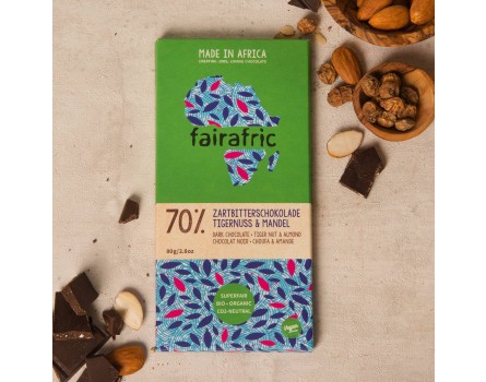 Fairafric vegane Bio-Zartbitterschokolade 70% Tigernuss und Mandel